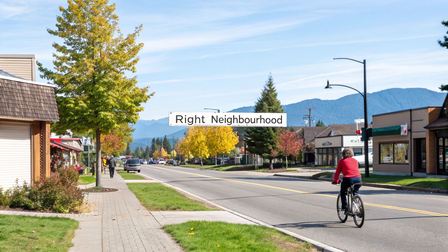 A person cycles on a street lined with autumn trees and buildings, with mountains in the background. A sign reads 'Right Neighbourhood'.