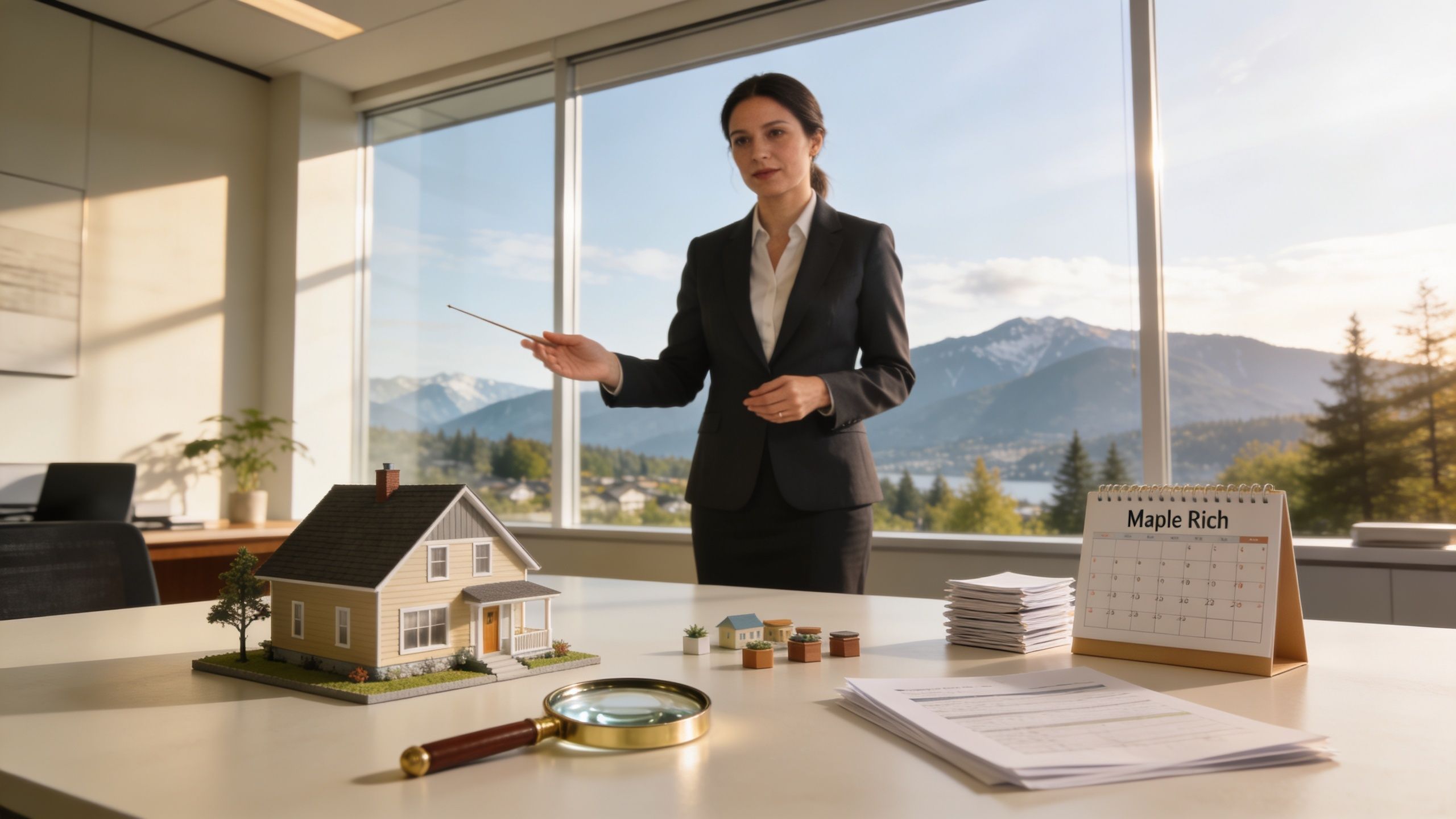 A professional female realtor points to a miniature house model on a desk in a sunlit office.