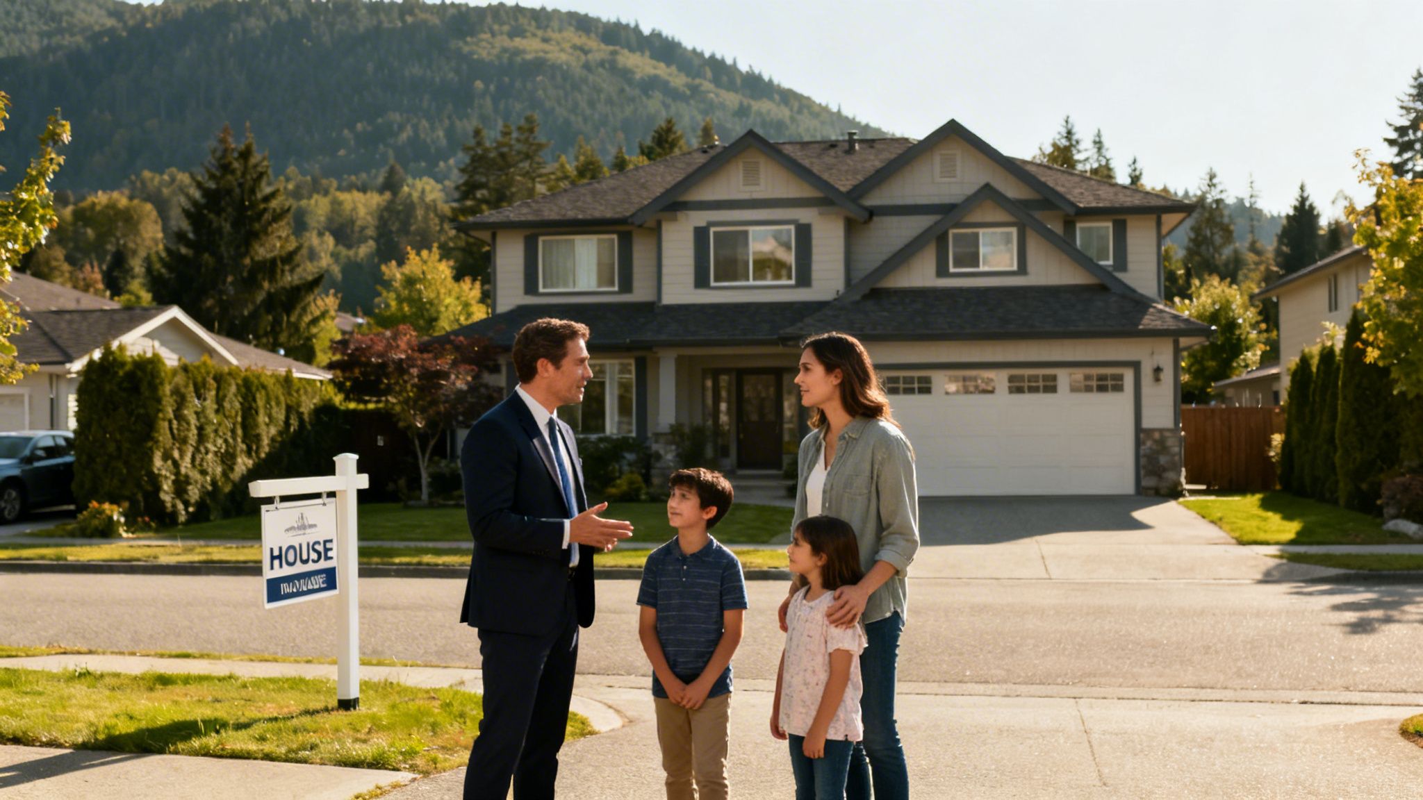 A real estate agent talks to a family with two kids in front of a house for sale in a scenic suburban area.