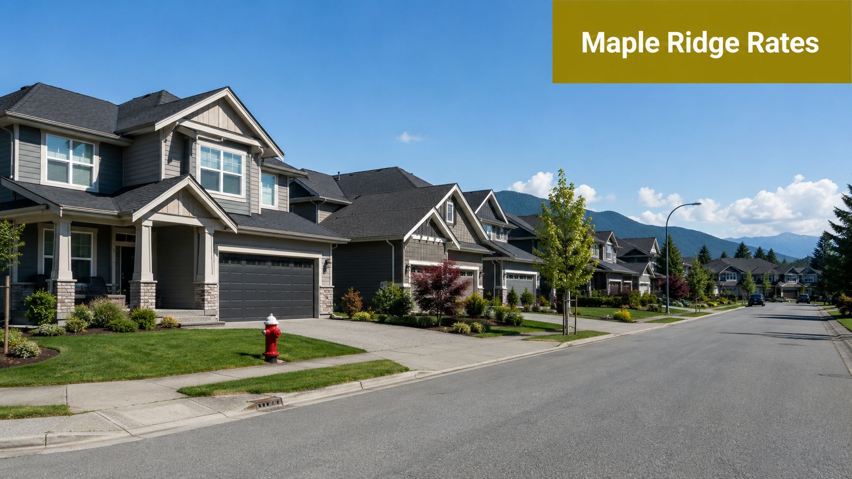 A quiet residential street lined with modern houses under a clear blue sky in Maple Ridge.