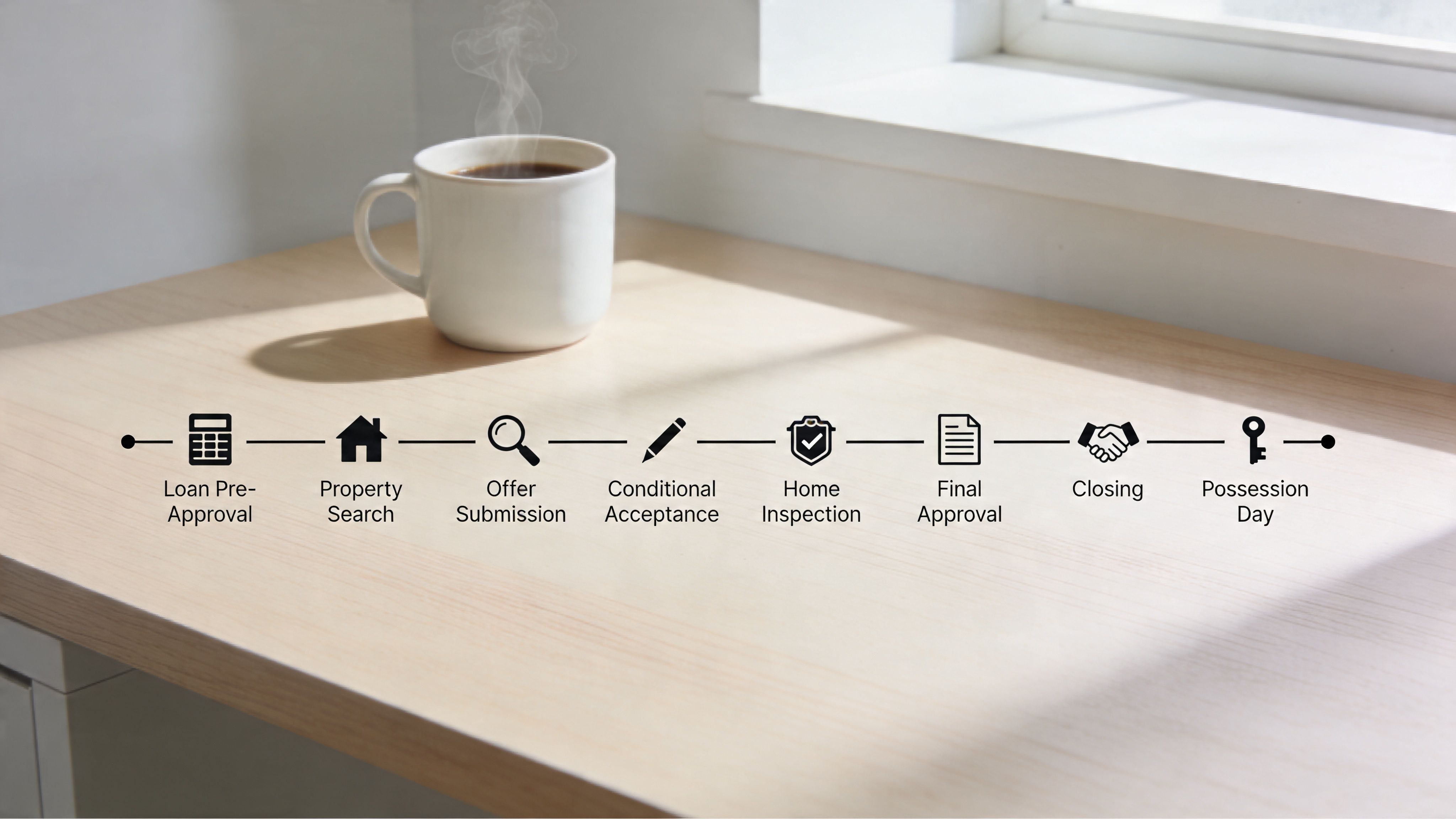 A conceptual timeline showing the home buying process from loan pre-approval to final possession day on a desk.